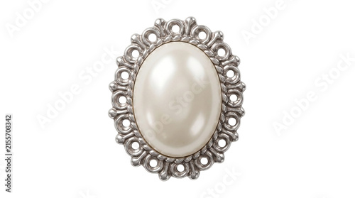 Obraz na płótnie Oval ornate silver brooch with large white pearl on a transparent background