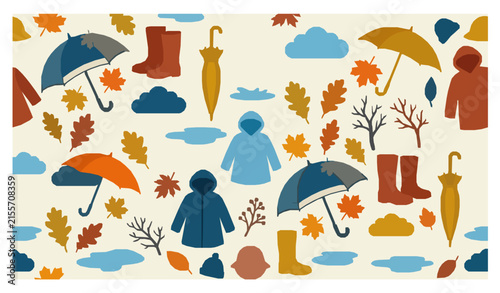 Autumn Rain Weather Seamless Pattern with Raincoats Boots Umbrellas and Leaves Vector