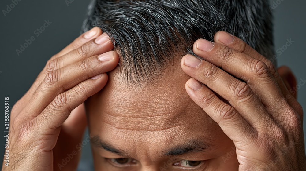 Fototapeta premium Hair loss man checking receding hairline and scalp health portrait