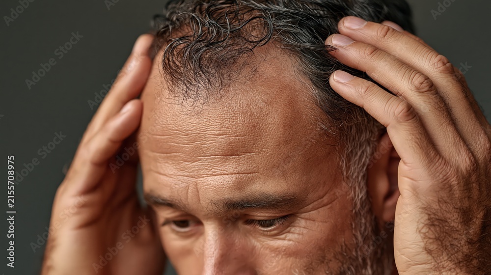 Fototapeta premium Middle aged man touching receding hairline checking hair loss worried