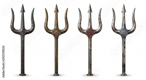 Ancient Tridents Poseidon Weapons Metal Set. Roman Spears and Demigod Tool. Historical Bronze, Iron, and Silver Trident Heads Isolated on White.