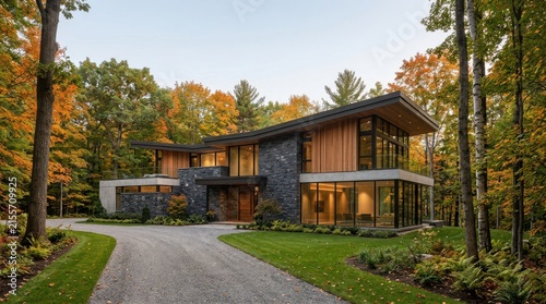 Modern luxury house in the forest during the beautiful autumn season