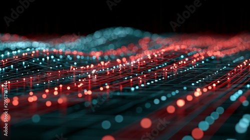 Glowing red and blue digital circuit lines form intricate data patterns against deep black background with soft bokeh blur effects
