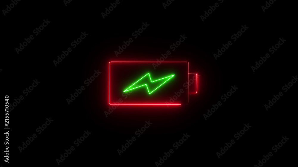Fototapeta premium A glowing neon light sign shaped like a rectangular battery with a bright green lightning bolt symbol inside, featuring a vibrant red outline against a solid, pitch-black dark background
