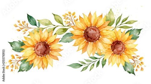 Sunflowers with green leaves arranging a floral border