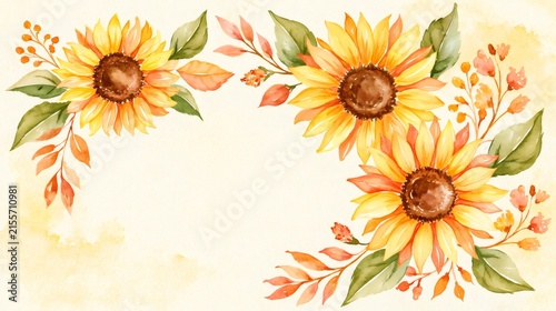 Watercolor sunflowers and autumn leaves floral background