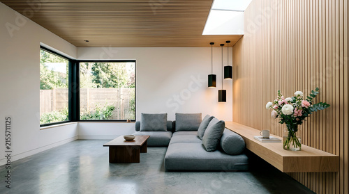  Modern minimalist living room with grey low profile sofa wooden slatted wall ceiling and large window.