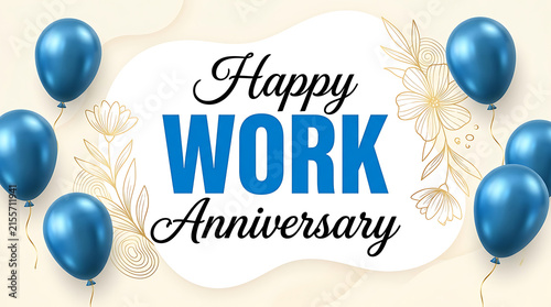 Blue balloons and gold floral happy work anniversary text