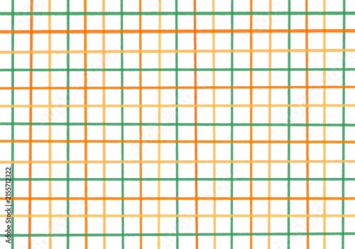 カラフルで明るいグリーンとオレンジの手描きチェック柄背景素材