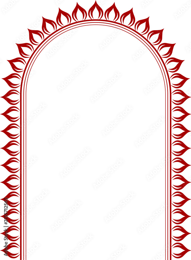 Obraz premium Happy Durga Puja elegant red arch border featuring repeating leaf shaped traditional motifs, perfect for festive backgrounds, religious invitations, celebration banners, sale promotions, and Indian cu