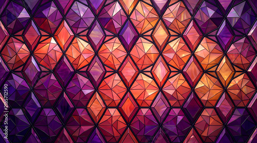 Geometric amethyst gemstone pattern with stained glass background in purple and orange hues and abst
