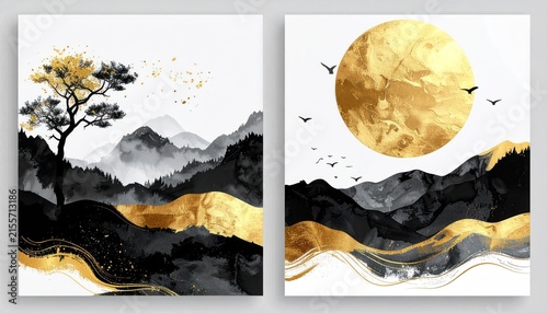 Minimalist black and gold mountain moon landscape diptych.