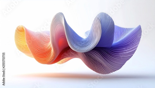 Multicolored 3D abstract undulating striated curved ribbon.