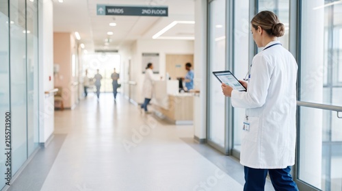 Female doctor walking in modern hospital corridor, checking patient data on digital tablet, healthcare professional reviewing medical records with stethoscope, clinical staff busy