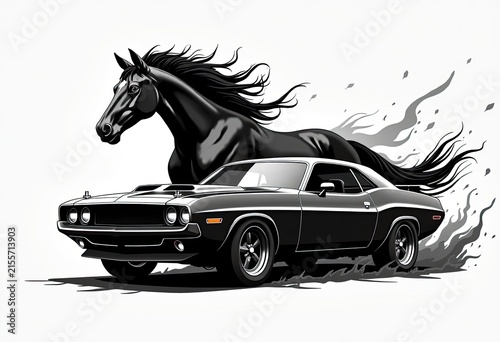 Black muscle car speeding with wild horse racing alongside in dynamic motion