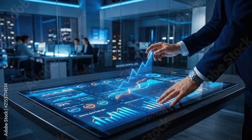 Hands touching interactive digital table displaying revenue growth chart, business performance dashboard, financial analytics interface, corporate meeting room, strategic planning.