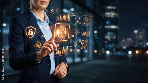 Businessman touching artificial intelligence chip icon on virtual screen, cybersecurity shield and global network connection, smart city and digital security technology at night