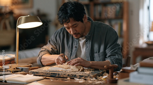 Inside a modest living room a solitary woodcarver sits at a cluttered worktable under a single warm lamp, carefully chiseling a detailed animal figurine from a raw timber block,