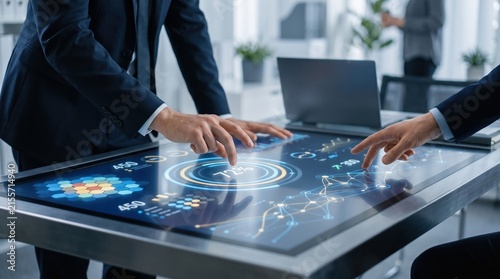 Team of business professionals collaborating on interactive digital table, analyzing data charts and network connections in modern smart office environment