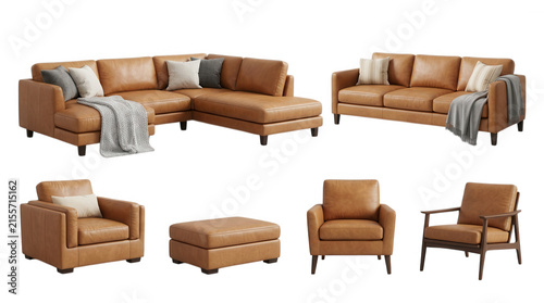 Set of modern brown leather sofas and armchairs with decorative pillows and blankets for luxury living room furniture isolated on transparent background