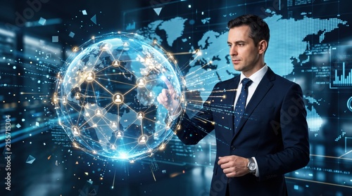 Businessman touching futuristic hologram global network, digital technology, data connection, virtual interface, internet of things, communication system, innovation