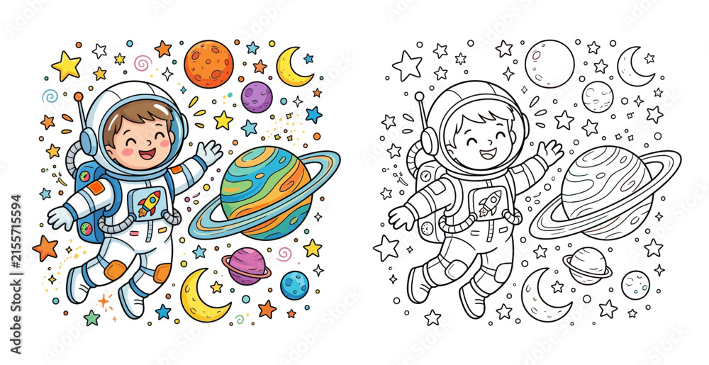 Fototapeta premium Cute astronaut boy floating in outer space with planets and stars, colored illustration and black and white coloring book page set for kids.