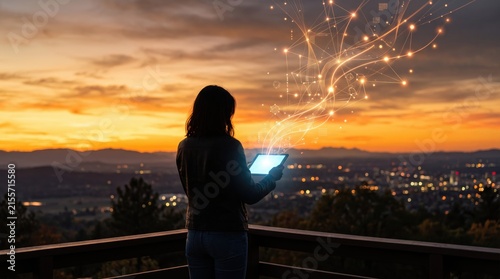 Silhouette of woman holding tablet with glowing network connections against sunset cityscape, representing global data flow and future connectivity.