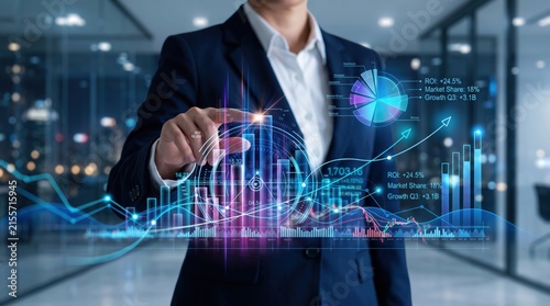 Businessman interacting with a futuristic holographic interface displaying financial charts, graphs, and ROI statistics, visualizing big data analysis, market trends