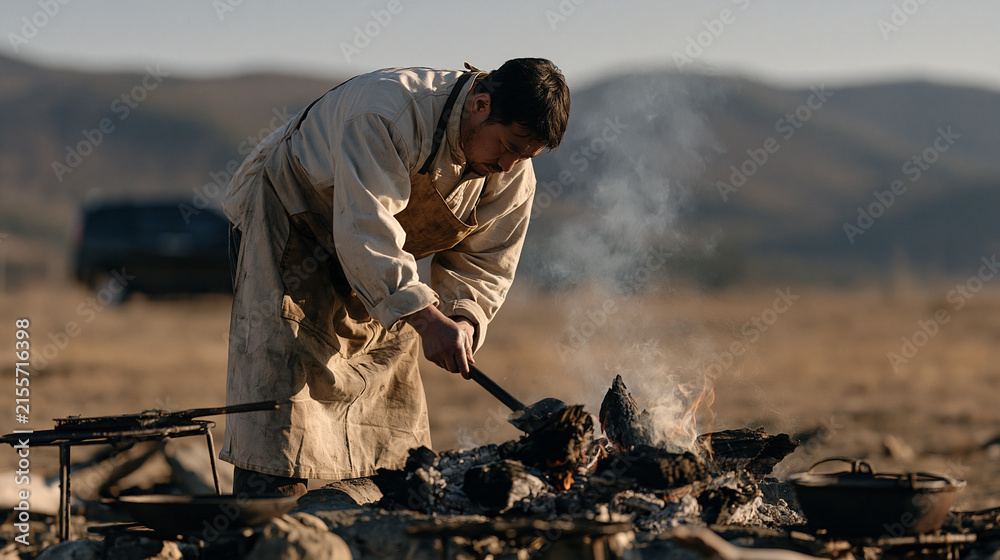 Fototapeta premium Charcoal burner tending a smoking earth kiln alone in a desolate winter clearing, solitary figure in heavy canvas apron stirring embers while a magnetic rescue animal transport