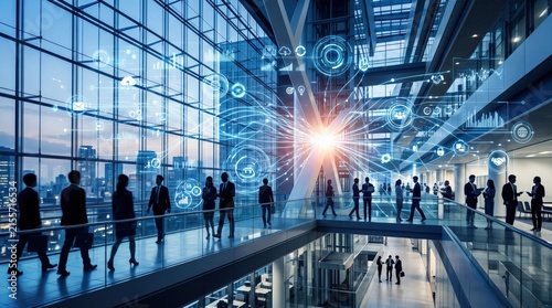 Futuristic corporate network hub with holographic data visualization, business professionals walking in modern glass building atrium, global connectivity, digital transformation