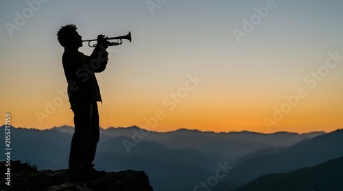 Silhouette of male musician playing trumpet against sunset sky