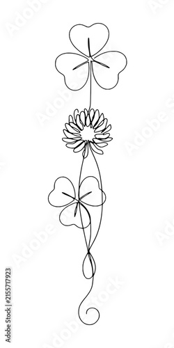 Minimalist continuous line drawing of clover leaves and a flower with swirling stem
