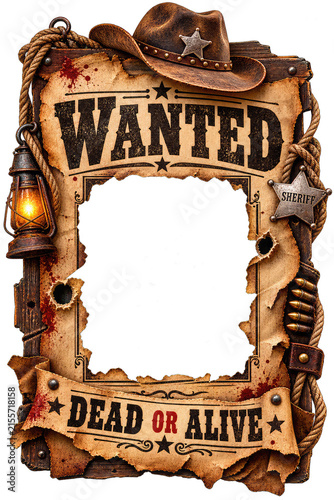 Vintage Western Wanted Poster with Rope, Sheriff Badge and Aged Parchment Frame