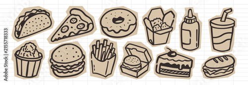 Hand drawn food scrapbook sticker set featuring cute retro illustrations with bold outlines and vintage doodle elements in a playful nostalgic style