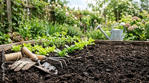 Vegetable garden raised bed with young salad plants and small gardening tools resting on the soil surface