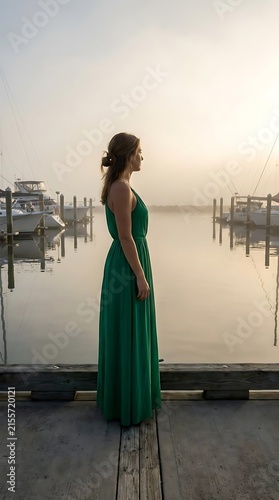 Woman in green dress at marina during sunset.