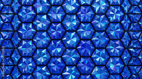 Hexagonal blue stained glass background with geometric pattern and reflective facets and crystal