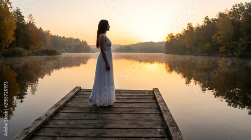 Woman in white dress standing on lake wooden pier.