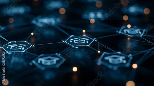 Glowing graduation caps integrated into a digital network structure rendered with blue neon lines and golden bokeh light points everywhere