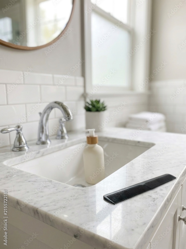 Fototapeta premium Marble bathroom vanity with chrome faucet and soap dispenser, black hair comb resting on a white stone countertop.