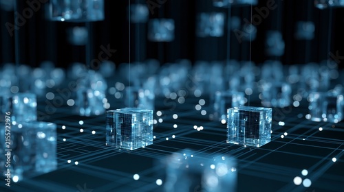 Glowing blue glass cubes float above dark interconnected grid patterns in this highly detailed abstract three dimensional digital art composition