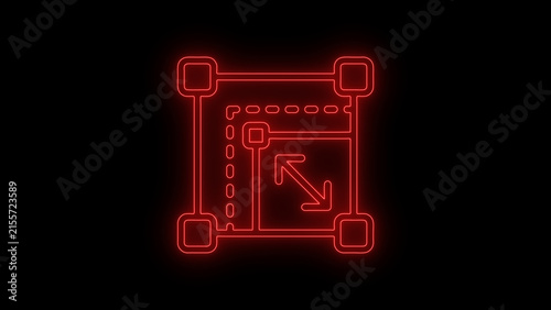 Glowing neon resize and scaling icon showing a rectangular selection frame with corner handles and diagonal arrows on a dark background. Suitable for graphic design, image editing, interface, scaling,