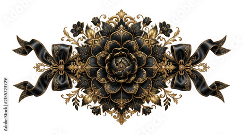 Elegant black and gold floral ornament with decorative ribbons isolated on transparent background