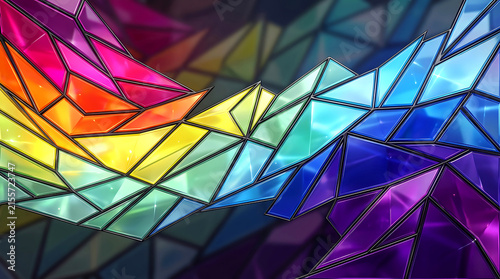 Polygons flowing in vibrant stained glass background with geometric patterns and colorful light
