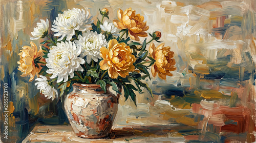 oil painting of white chrysanthemums and golden peonies in a ceramic vase