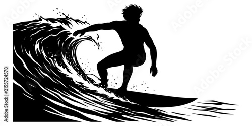 Photography Black silhouette of a man surfing on a big ocean wave