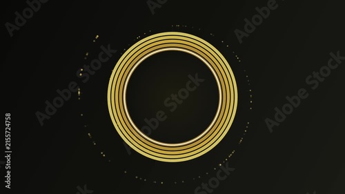 Golden Rings Rotating with Glowing Particles on a Dark Background