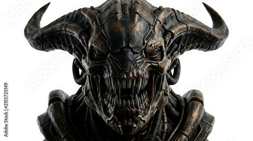 Closeup portrait of a terrifying biomechanical demon creature with horns and sharp teeth isolated on transparent background