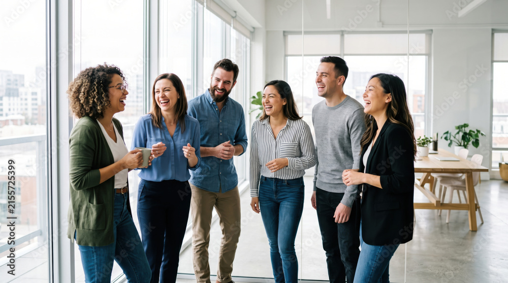 Obraz premium Team laughing together office glass window business colleague group meeting diverse coworker sharing cheerful conversation near bright glass window in modern workplace