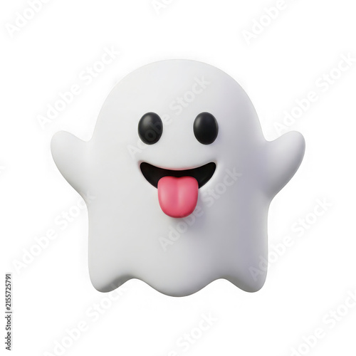 Cute 3d ghost character sticking out tongue isolated on transparent background